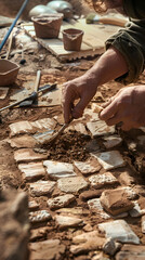 Archaeologist Uncovering Ancient Pottery Shard at Historical Excavation Site with Detailed Care