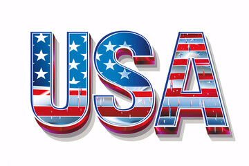 Glossy USA letters with American flag pattern on a white background reflecting light