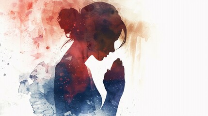 Silhouette of a praying woman, watercolor illustration on white background with copy space, concept of religion, Christian, sorrow, believe, card, minimal design, Easter.
