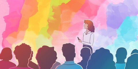 A woman speaking in front of an audience at a conference.