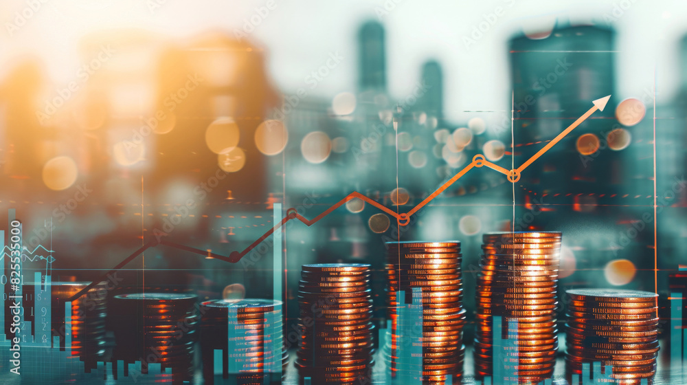 Poster City skyline with rising coin stacks and upward graph overlay, representing inflation