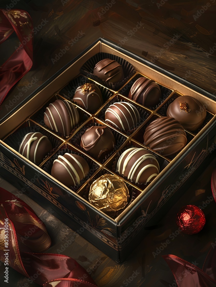 Poster a box of elegant chocolate truffles, adorned with ribbons, placed on top of a table. generative ai
