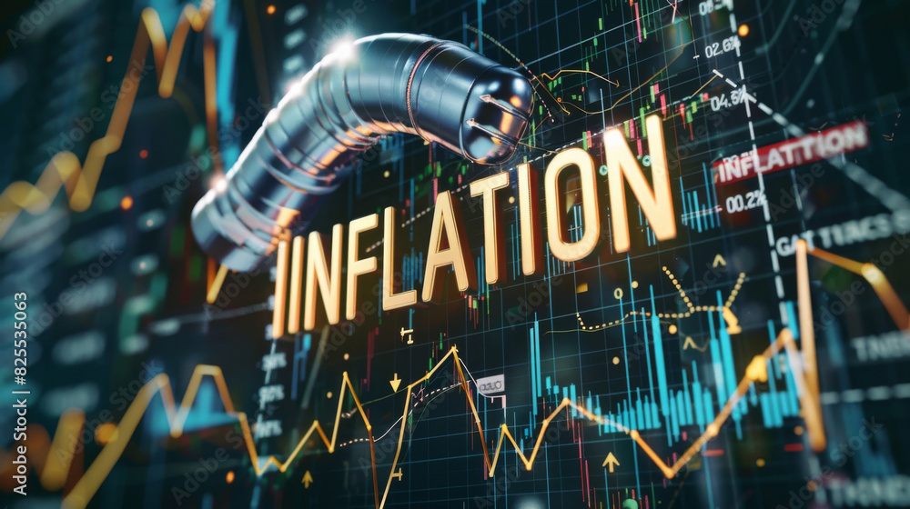 Poster digital illustration depicting the idea of inflation using upward trending charts