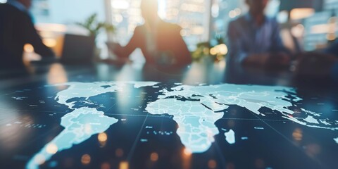 Business people discussing global strategy with world map on table.