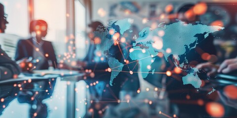 Business people having a meeting with a world map in the background.