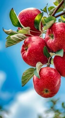 Obraz premium European crab apple or forest apple fruit. Delicious organic crab apples hanging on a branch of a crab apple tree in the summer sunshine.