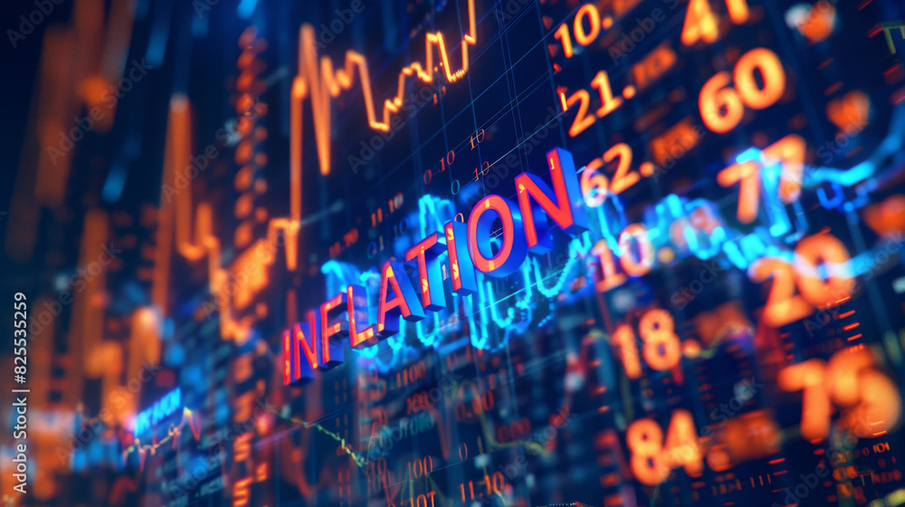 Poster Digital display with the word 'inflation' overlaid on glowing financial graphs and figures