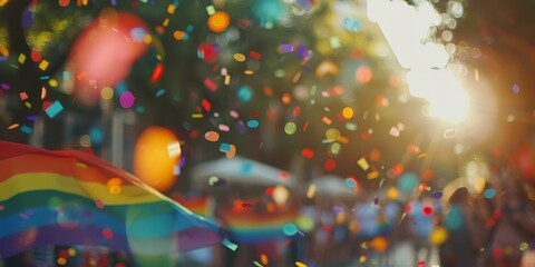 Defocused shot of a waving rainbow flag during a gay pride parade with confetti falling from the sky.