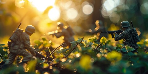 Green toy soldiers in the tall grass at sunset