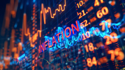 Digital display with the word 'inflation' overlaid on glowing financial graphs and figures