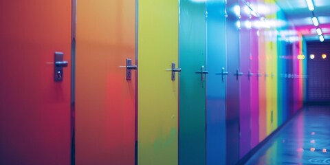 Rainbow lockers in a school hallway.