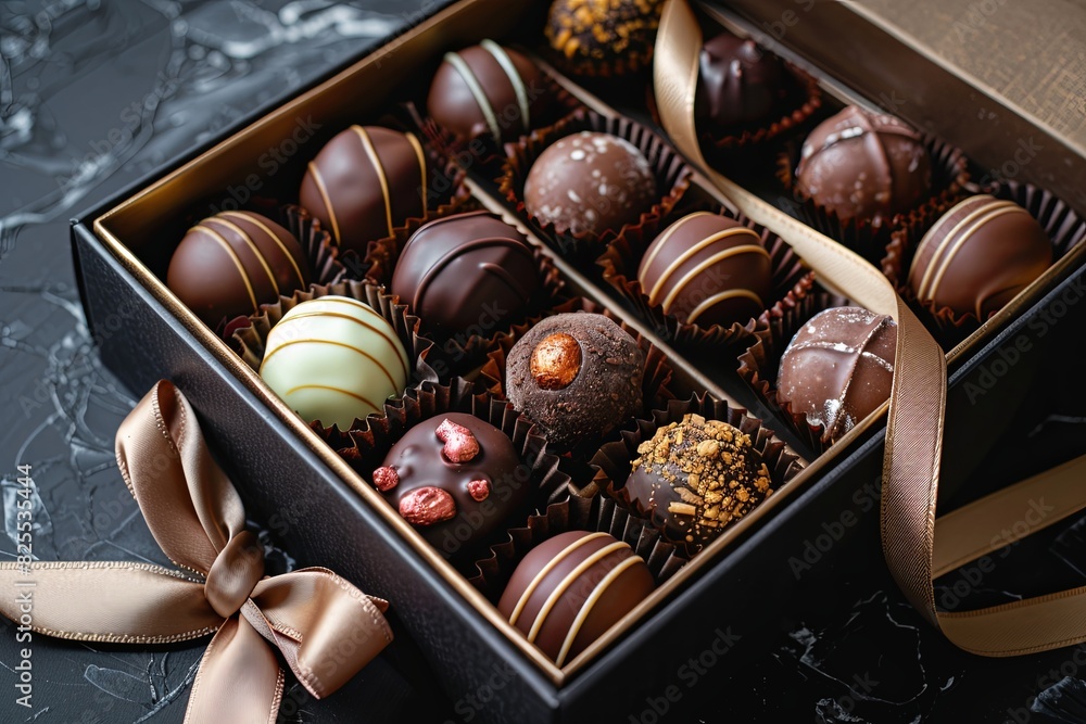 Poster a luxurious box of assorted chocolates, elegantly decorated, placed on a table. generative ai