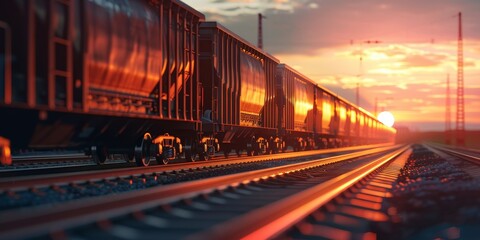 The long freight train moves slowly along the tracks into the sunset.