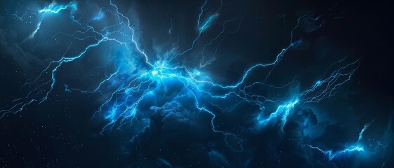 Obraz premium Lightning bolt, close up, night sky, sharp detail, dramatic lighting. Vivid blue electrical storm in a digital cloud for an energy concept.