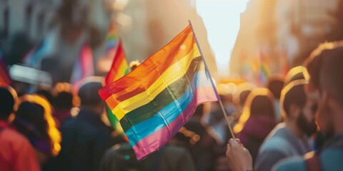 The photo shows a crowd of people at a Pride parade