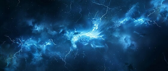 Fototapeta premium Lightning bolt, close up, night sky, sharp detail, dramatic lighting. Vivid blue electrical storm in a digital cloud for an energy concept.
