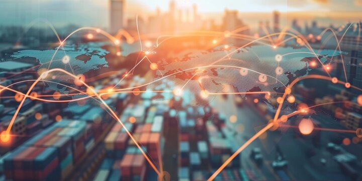 The photo shows a top view of a busy shipyard with many container ships and a glowing network of connections in the foreground.