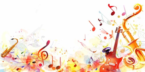 Colorful music notes and musical instruments background design isolated on a white background, banner with space for creative designs, musical theme party poster or flyer template Generative AI