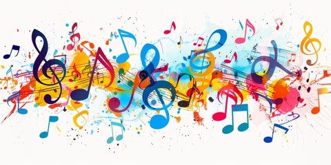 Colorful music notes and musical instruments isolated on a white background, this illustration design could be used for a banner or poster featuring colorful musical elements Generative AI