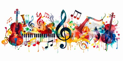 Colorful music notes and musical instruments isolated on white background, design for banner or poster of colorful music note with instrument, creative concept for music festival Generative AI