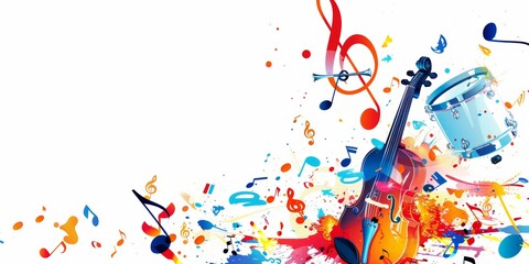 Colorful music notes and musical instruments isolated on white background, design for banner or poster of colorful music note with instrument, creative concept for music festival Generative AI