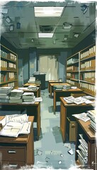 Obraz premium A meticulous illustration of an accounting office, showing 56 desks loaded with papers and documents, in a quiet and unpopulated setting