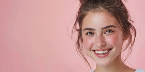 Young beautiful smiling woman with perfect skin and teeth on pink background