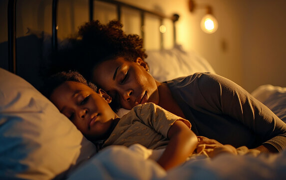 Black african american loving mother puts the child to bed