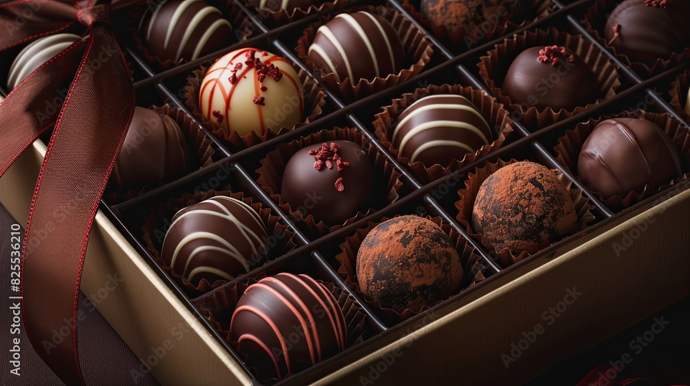 Poster detailed view of an elegant box of chocolate truffles adorned with a red ribbon, exuding luxury and 