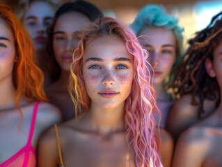 Obraz premium Different races people, multicultural group of young modern people, mixed group of multicultural people look camera,