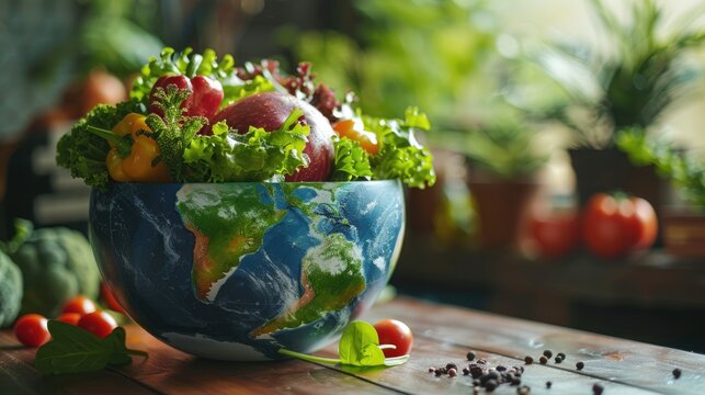 Sustainable eating promoted by an earth-shaped salad bowl, focusing on locally sourced ingredients Carbon footprint reduction