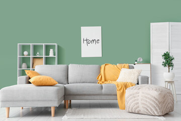 Interior of beautiful living room with comfortable sofa, picture, pouf and shelving unit