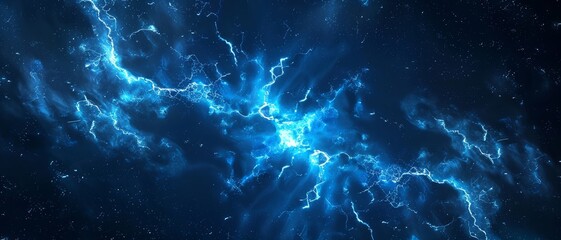 Fototapeta premium Lightning bolt, close up, night sky, sharp detail, dramatic lighting. Vivid blue electrical storm in a digital cloud for an energy concept.
