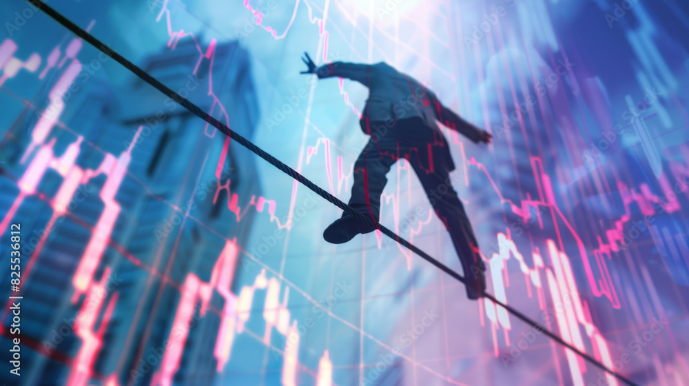 Poster person on a tightrope with stock market graphs in the background signaling concerns about inflation
