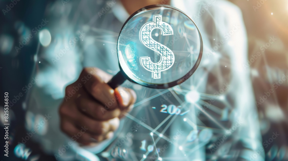 Poster examining inflation symbol through magnifying glass with financial data overlay