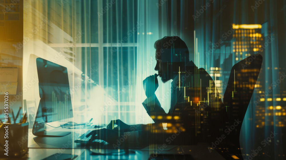 Leinwandbilder silhouette of a professional studying computer graphs on inflation in a dark office with city backdr
