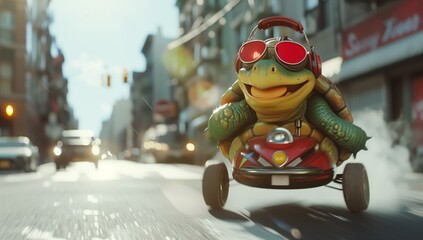 An anthropomorphic turtle in a go-kart races in a city setting