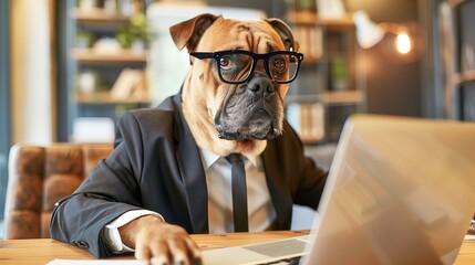A humorous image of a dog with a human body in a suit working on a laptop at an office - Powered by Adobe