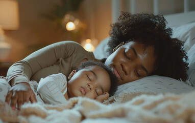 Black african american loving mother puts the child to bed
