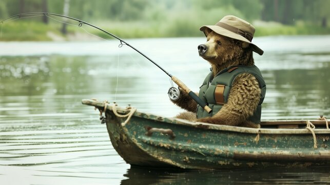 An amusing image of a bear dressed as a fisherman seated in a boat with a fishing rod