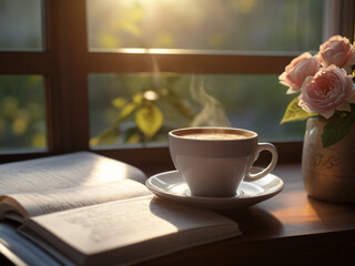 A moment of calm: a woman sits comfortably in her stylish room, sipping hot coffee from a teacup, with a bouquet of flowers and a soft smile, embodying relaxation and a touch of luxury.