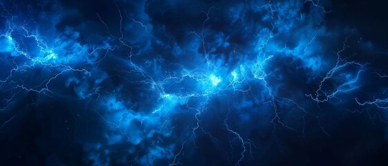 Fototapeta premium Lightning bolt, close up, night sky, sharp detail, dramatic lighting. Vivid blue electrical storm in a digital cloud for an energy concept.