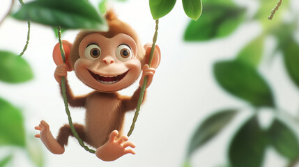 A cheerful cartoon monkey swinging on a vine amidst green leaves, showcasing its playful and energetic nature.