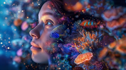 A woman immersed in an underwater scene with vibrant coral and marine life, highlighting imagination and creativity.