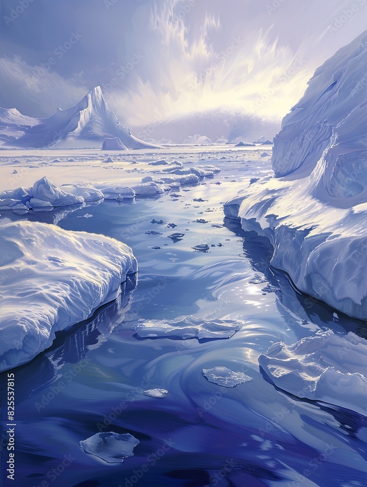 Aufkleber a painting depicting icebergs floating in icy arctic waters, capturing the texture and reflection of
