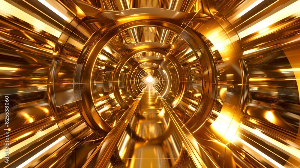 Poster golden abstract pattern with shining light. futuristic metallic tunnel. great for backgrounds or dig