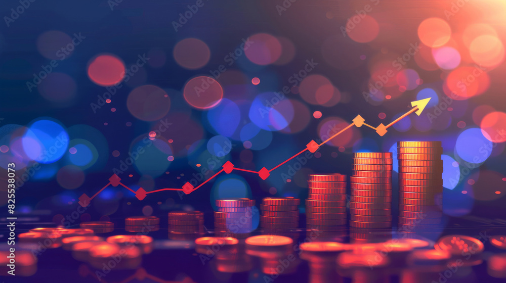 Poster Abstract financial graph with coin stacks symbolizing increasing inflation on a bokeh background