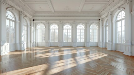 Obraz premium Vintage-style banquet hall with parquet floors and expansive windows. Generative AI