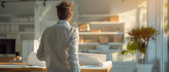 A real estate developer planning a new project with holographic blueprints, illustrating innovation and vision in a bright, minimal office. Space for text.