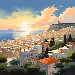 Greek town landscape in acrylics, generative AI